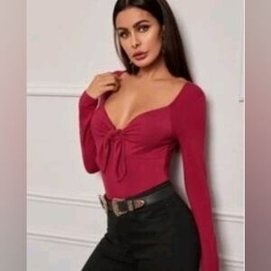 SHEIN Red Long Sleeve Blouse with Front Tie